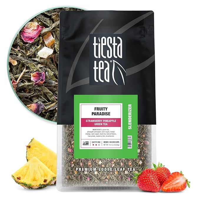 Tiesta Tea - Fruity Paradise, Loose Leaf, Strawberry Pineapple Green Tea, Premium Medium Caffeinated Green Blend, Make Hot or Iced & Brews Up to 200 Cups, 16oz Resealable Bulk Pouch
