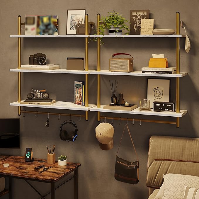 Bestier 31" Industrial Pipe Shelving, Floating Kitchen Wall Shelves 3 Tier Coffee Bar Shelves for Wall with 8 Hooks, Hanging Display Shelf Bookshelf for Living Room Bathroom, White Marble