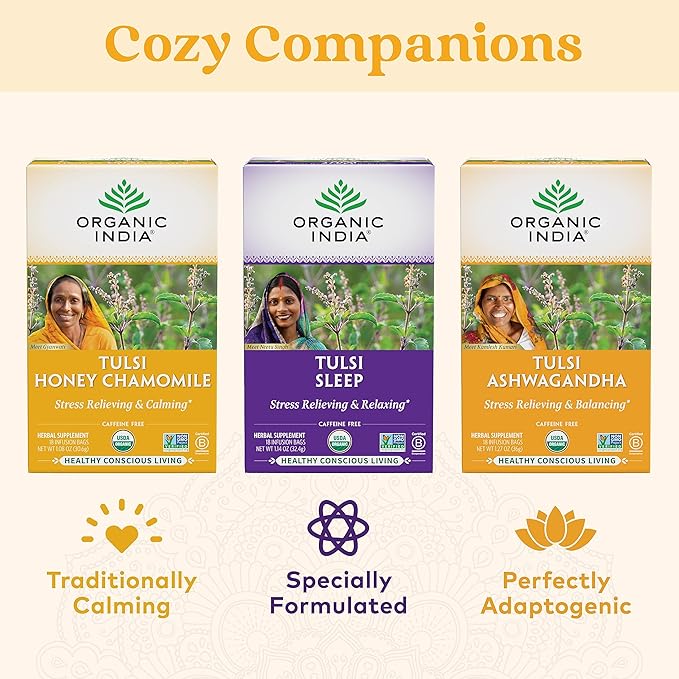 ORGANIC INDIA Iced Tulsi Tea Bags Variety Pack - Assorted Tea, Holy Basil, Ashwaganda, Sleep, Honey Chamomile - Adaptogen, Vegan, USDA Certified Organic, Non-GMO - 18 Infusion Bags per Box (Pack of 3)