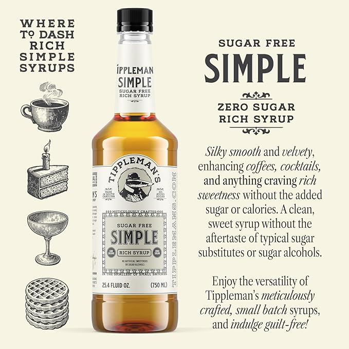 Tippleman's Sugar Free Simple Syrup - Zero-Sugar Allulose Skinny Sweetener - Perfect for Drinks, Cocktails, Coffee, Espresso - Fits Pump - 750ml