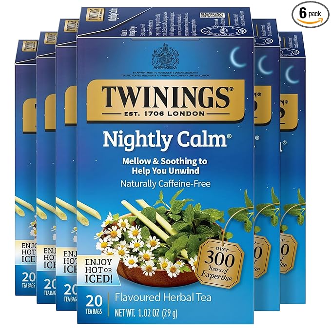 Twinings Nightly Calm Herbal Tea Individually Wrapped Bags, 20 Count (Pack of 6), Spearmint & Lemongrass, Naturally Caffeine-Free, Enjoy Hot or Iced, 120 Teabags