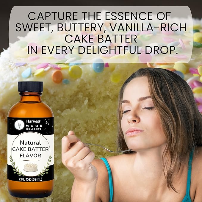 Natural Cake Batter Extract - 2 oz - Water-Soluble - By Harvest Moon Delights - Cake Batter Extract for Baking, Ice Cream, Drinks, and Candy - Flavoring, Sugar Free