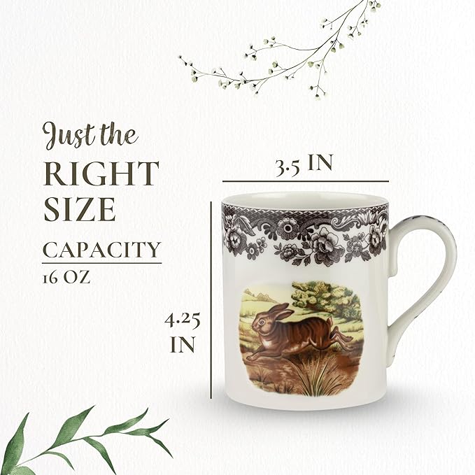 Spode Woodland Rabbit Mug - 16 oz Fine Porcelain with British Flowers Border, Dishwasher, Microwave, Freezer & Oven Safe - Country Living Wildlife Mug for Coffee, Tea, Soup & Desserts