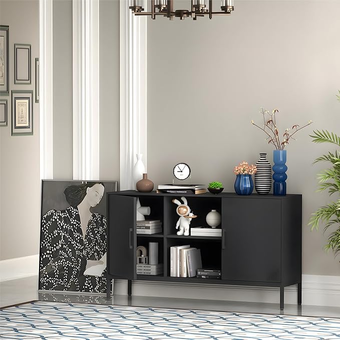 Metal TV Cabinet with Doors and Shelves Modern Metal Storage Cabinet Coffee Bar TV Stand 2 Door Locker for Office Living Room Kitchen (Black, 47.24" D x 13.78" W x 29.53" H)