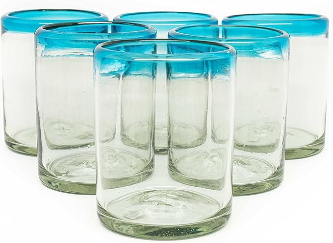 Set of 6 Hand-Blown Tumbler (10 oz) Glasses from Mexico with Aquamarina Rim - Rustic & Handcrafted Recycled Bubble Glass Drinking Glassware