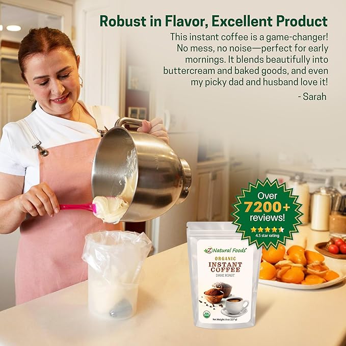 Z Natural Foods Organic Instant Coffee Powder - Rich Dark Roast Flavor, Arabica Instant Espresso Powder with Antioxidants to Boost Energy, Mood & Focus - Gourmet Coffee in Resealable Bag, 8 oz