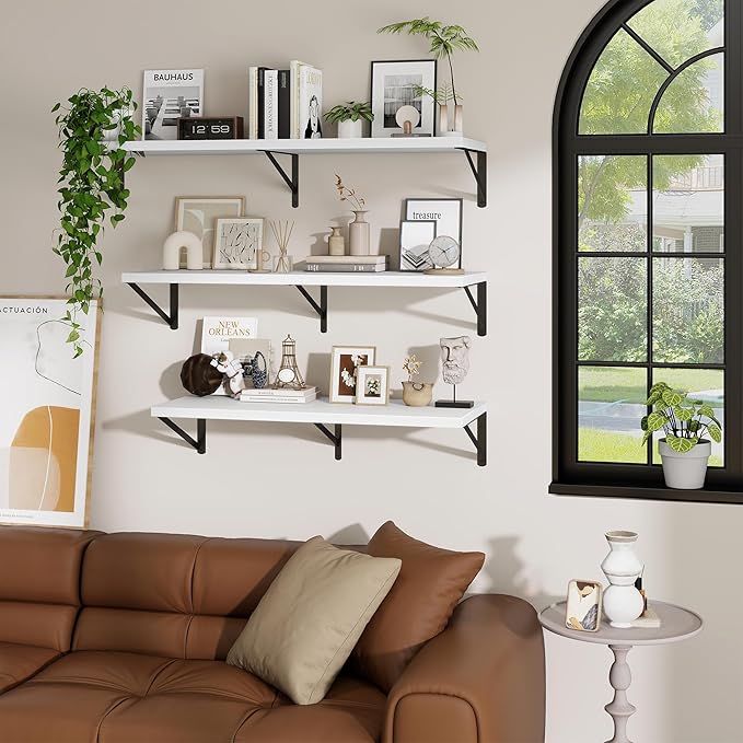 Deep Wall Shelves 40"W x 12"D Engineered Wood Floating Shelves for Wall, Sturdy Metal Bracket Bookshelves Home Decor Storage for Living Room Bedroom Bathroom Kitchen, Set of 2, White Finish