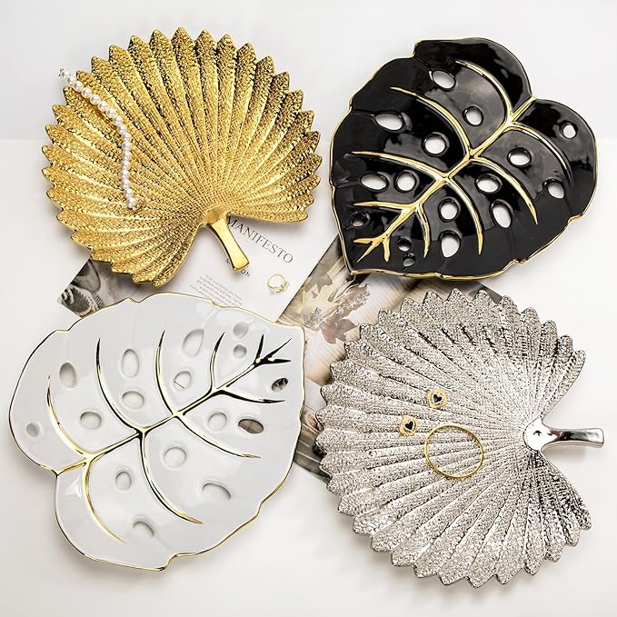 Ceramic Leaf Shaped Decorative Tray, Black Gold Monstera Leaf Plate 12.6"x11" for Jewelry, Keys, Snack, Candle Holder, Modern Table Centerpiece Home Decor