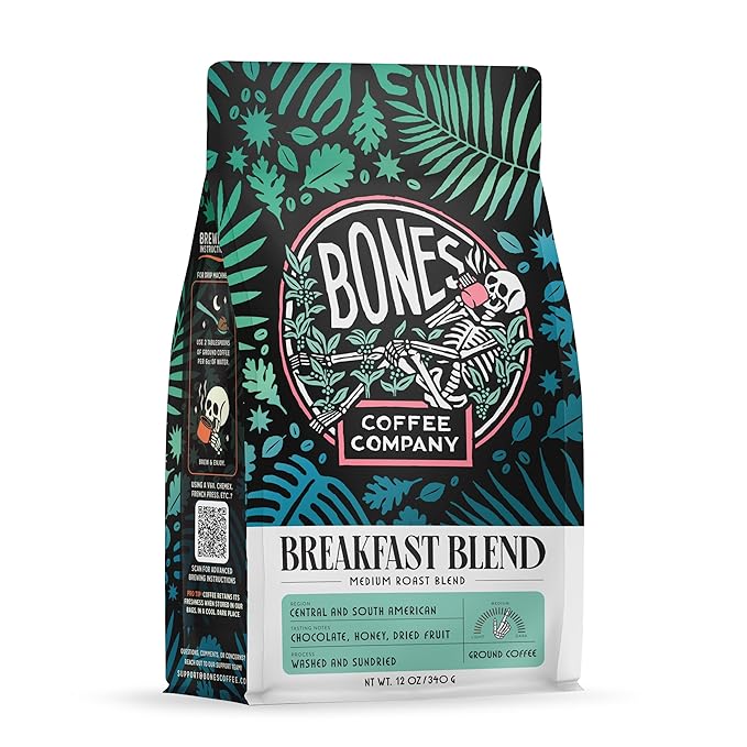 Bones Coffee Company Breakfast Blend, Chocolate, Honey and Dried Fruit Notes, Unflavored Coffee, Medium Roast Low Acid Arabica Beans Compatible with Auto drip and French Press Coffee Maker, 12 Oz Ground