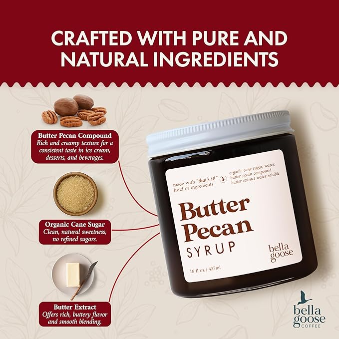 Bella Goose Butter Pecan Coffee Syrup Jar (16oz) - Homemade Pure Cane Sugar Syrup for Lattes, Matcha, Desserts - Clean Ingredient - No Artificial Flavors - Syrups for Coffee Drinks