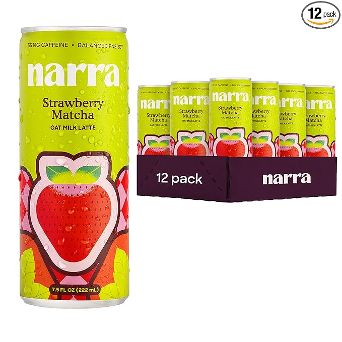 Narra, Oat Milk Tea Latte - Strawberry Matcha Latte, Organic Ceremonial Grade Matcha Natural Caffeine & L-Theanine, MCT Oil, Dairy Free, No Refined Sugar, Non-GMO, 7.5 Fl Oz (12 Pack)