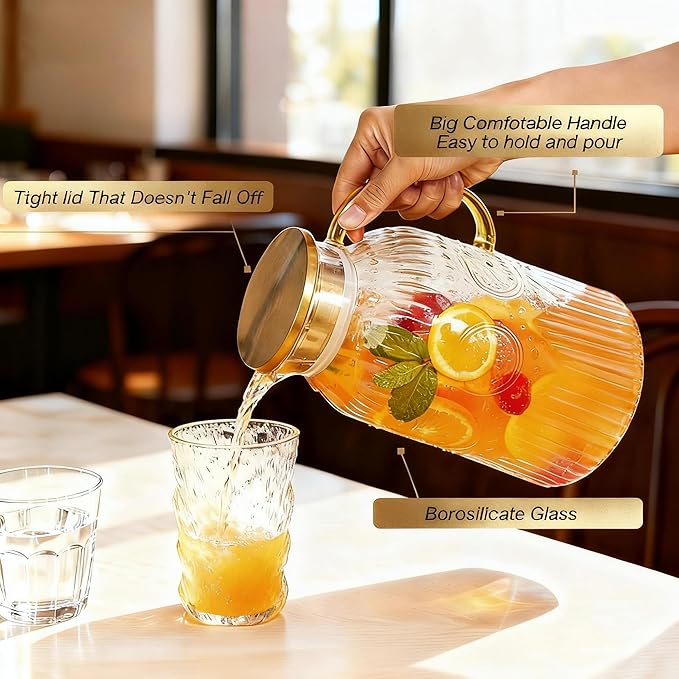 Amzcku Glass Pitcher with Lid, 1 Gallon/128 oz Vintage Water Pitcher,Water Carafe for Cold Brew, Coffee, Lemonade, Iced Tea,Beverage, Heat Resistant Water Glass Jug 1Pack