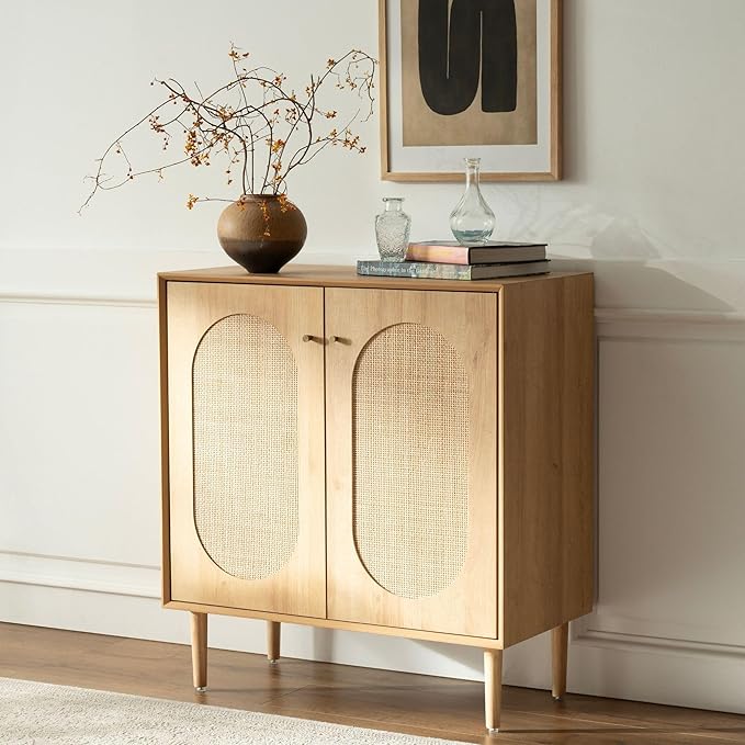 Rattan Storage Cabinets with Shelves, Narrow Cabinet with Storage, Sideboard Cabinet with Doors, Rattan Cabinets for Kitchen Dining Room Living Room, Natural Oak