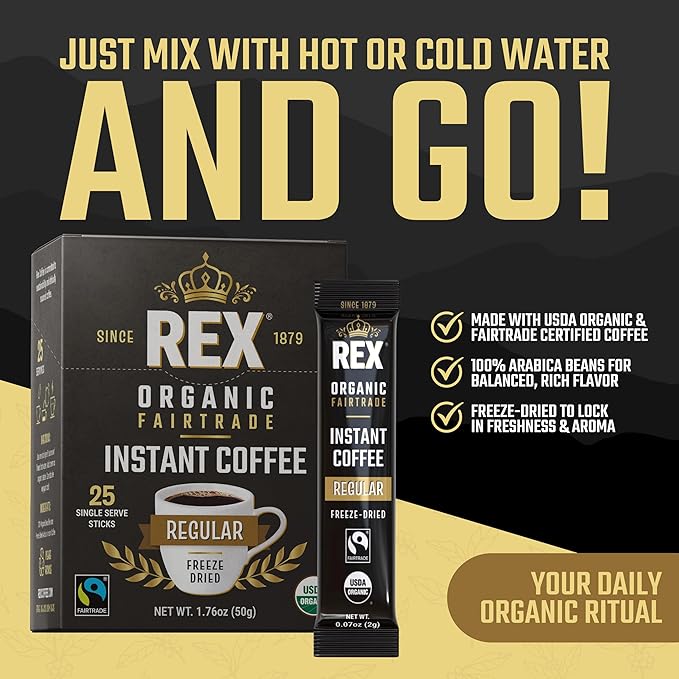 Rex Organic Fairtrade Freeze-Dried Instant Coffee Sticks, Medium Roast Arabica, 25 Single-Serve Packs, USDA Organic & Fairtrade Certified