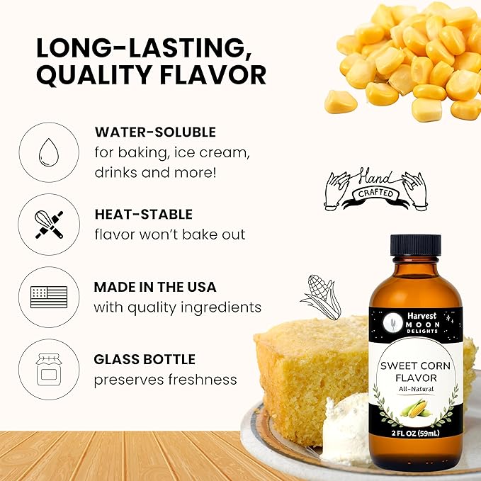 Natural Sweet Corn Flavor Extract - 2 oz - Water-Soluble - By Harvest Moon Delights - Sweet Corn Extract for Baking Keto Cornbread - Zero Sugar, Zero Carbohydrates, Gluten-Free
