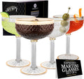 VEMACITY - Embossed Coupe Glasses Set of 4 (10oz) | Vintage Espresso Martini Glasses with Gold Rims | For Champagne, Margarita, Cosmopolitan, Martini | Ideal for Christmas & New Years