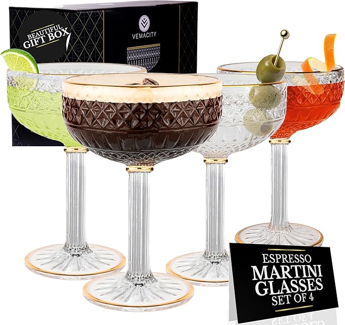 VEMACITY - Embossed Coupe Glasses Set of 4 (10oz) | Vintage Espresso Martini Glasses with Gold Rims | For Champagne, Margarita, Cosmopolitan, Martini | Ideal for Christmas & New Years