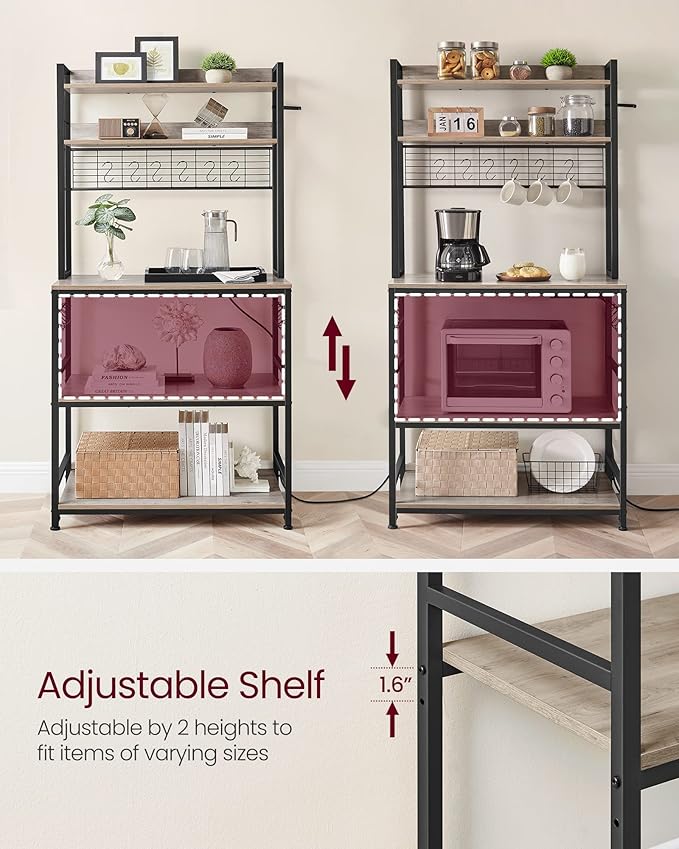 VASAGLE Bakers Rack with Power Outlet, Microwave Stand, Kitchen Tall Utility Storage Shelf, with Metal Wire Panel, 14 Hooks, 15.7 x 31.5 x 66.9 Inches, Heather Greige and Ink Black UKKS025B02