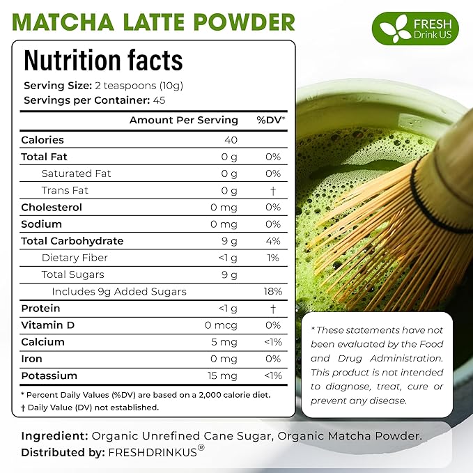 FreshDrinkUS, Matcha Latte Powder 16 oz – Premium Japanese-Style Blend for Smooth, Creamy Matcha Drinks – Perfect for Lattes, Baking, Smoothies & Daily Enjoyment. Vegan