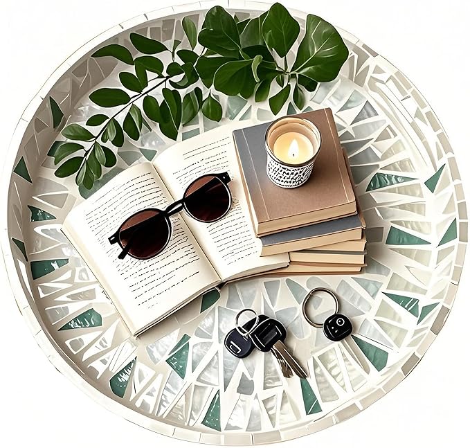 I-LAN 16 Inch Large Round Beige Green Mother of Pearl Severing Tray with Handle and 2”Side, Lacquer Wooden Shell Decor Platter, Gorgeous Inlay Nacre Ottoman Tray for Food, Breakfast, Coffee Table, L
