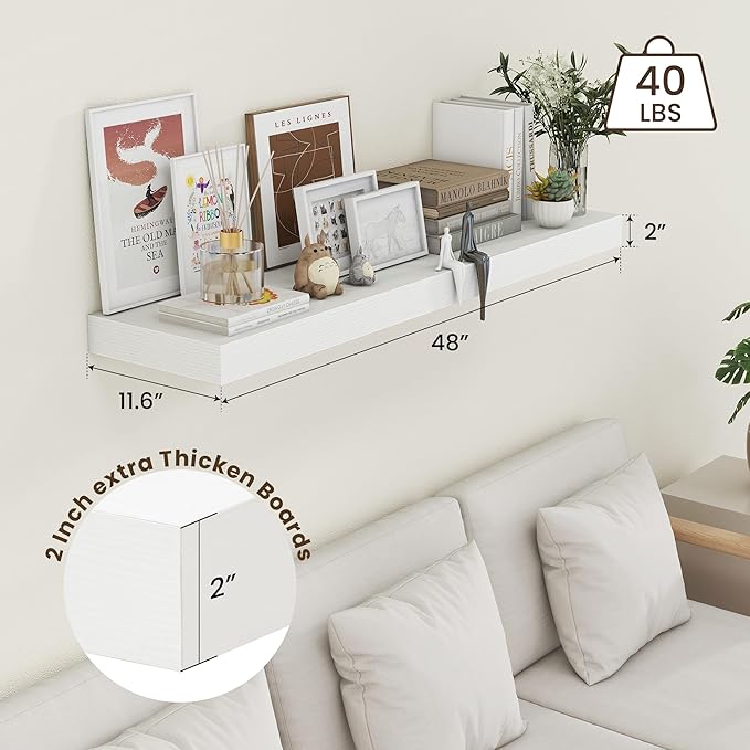 48 Inch White Floating Shelf | 12 Inch Deep Floating Shelves Set of 1 | 48" D x 12" D Rustic Wood Shelves for Wall | Deep White Shelves for Living Room Bathroom Laundry Room Kitchen