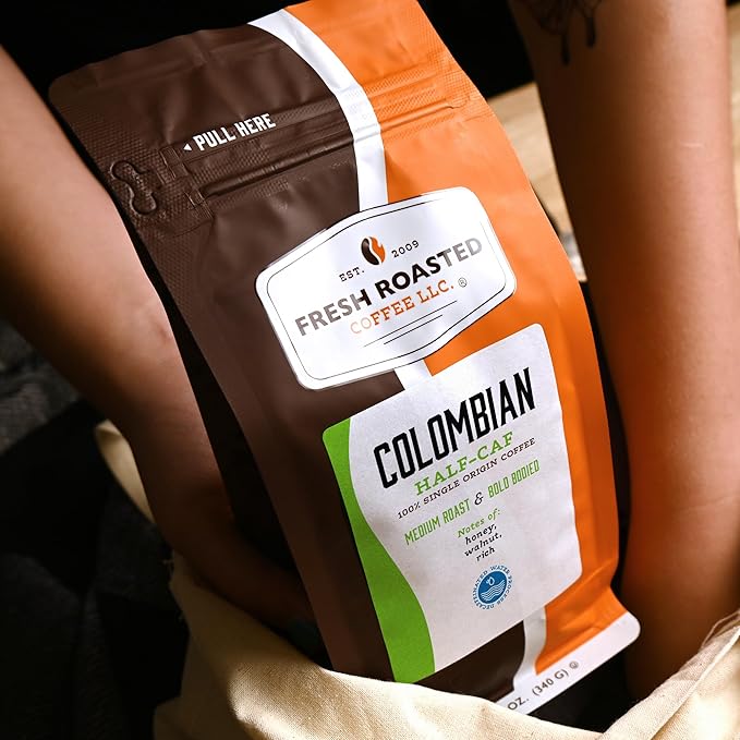 Fresh Roasted Coffee,100% Colombian Water Half-Caf, 12 oz, Medium Roast, Kosher, Whole Bean