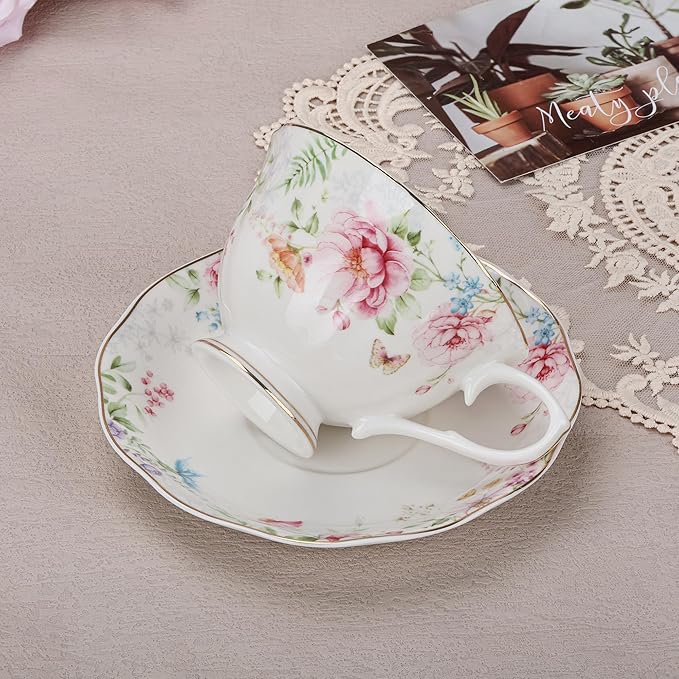 fanquare 7 oz Floral Tea Cup and Saucer Set for Afternoon Tea, British Style Porcelain Coffee Cup with Gold Trim for Home Party Gifting