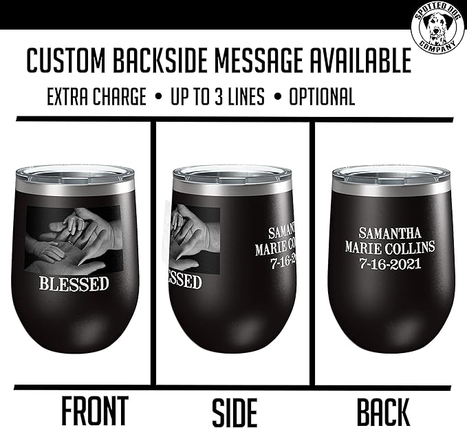 Personalized 12oz (17 Colors) Mother's Day Photo Printed Insulated Stainless Steel Powder Coated Stemless Wine Tumbler with Lid, Customized Gift Idea for Her, Custom Coach Gifts Team Mom Dad (Black)