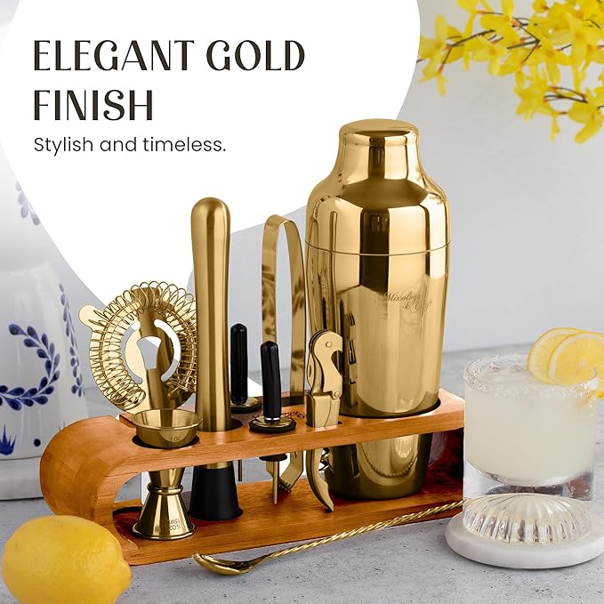 Mixology & Craft Cocktail Shaker Set: 10-Piece Bartender Kit with Stand | Complete at Home Bar Set with Bar Accessories | Great Housewarming Gift | Leak-Proof Design (Gold)