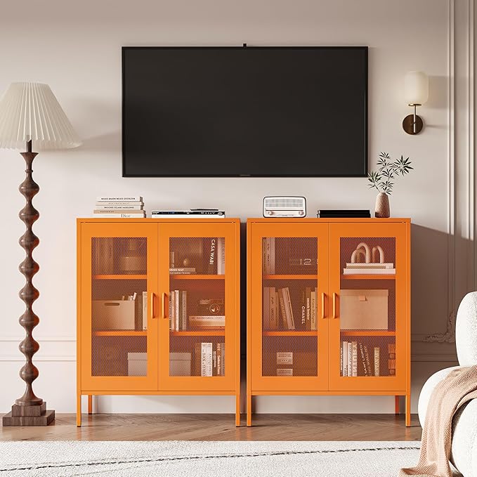 Metal Locker Storage Cabinet with 2 Mesh Doors and Adjustable Shelves,Orange Metal Locker Cabinets,Coffee Bar Cabinet,Kitchen Pantry Storage Cabinets for Home,Sideboard,Office(40" H)