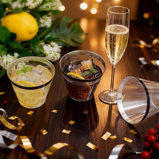 WELLIFE 120 PCS Black Plastic Cups,Disposable Cocktail Glasses,Plastic Wine Glasses Disposable,9 oz Clear Cups for Party and New Year