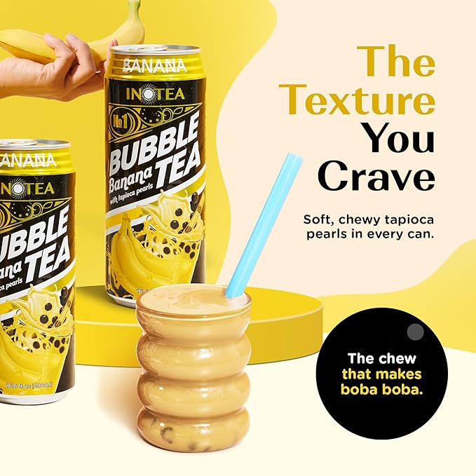 Inotea Bubble Tea with Tapioca Pearls - Delicious, Instant Boba Tea - Ready-to-Drink Black Milk Tea - Comes in Large 16.6 oz Cans - Enjoy Real Boba Without the Long Lines - Banana - 12 pack