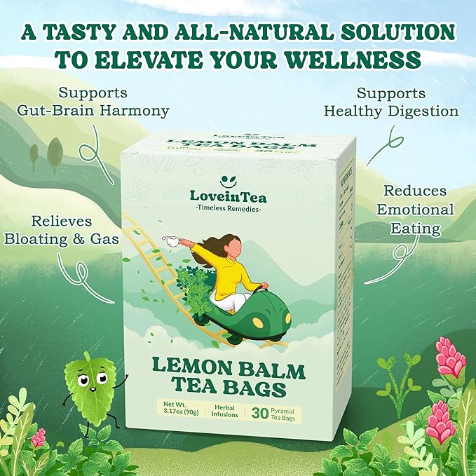 LoveinTea Lemon Balm Herbal Tea Bags, Caffeine-Free, 100% Natural Vietnamese Lemon Balm Blend, Plant-Based Pyramid Bags, 30 Count