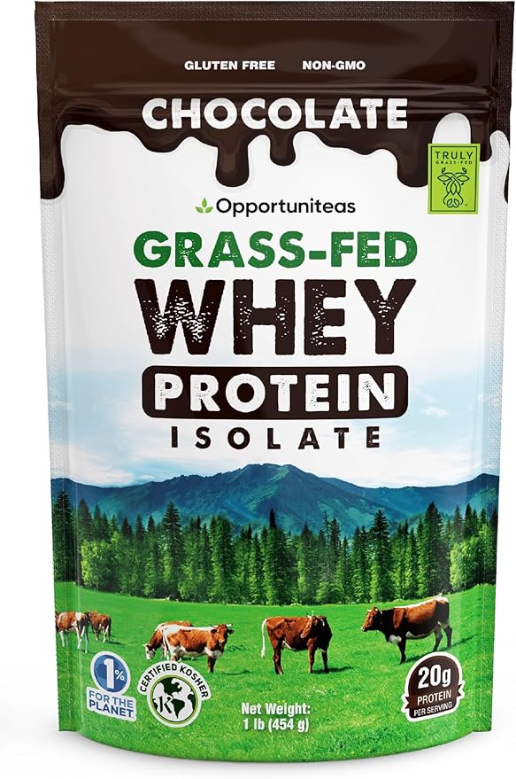 Opportuniteas Grass Fed Chocolate Whey Isolate Protein Powder – 20 g Protein, Heavy-Metal Tested, Made with Organic Cacao & Organic Cane Sugar, Non-GMO, Hormone-Free, Sourced from Ireland, 1 lb