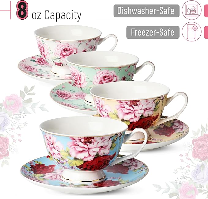 BTaT- Floral Tea Cups and Saucers Set of 4 (7 oz), Porcelain Tea Cup Sets, Assorted Colors with Gold Trim & Gift Box, Dishwasher & Freezer Safe
