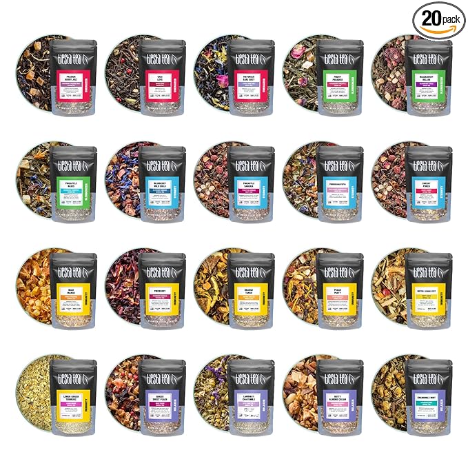 Tiesta Tea - Discovery Sampler Dry Flight Set - High to No Caffeine Loose Leaf Tea Variety Pack, Hot & Iced Brews Up to 200 Cups with Green, Herbal, Black & Chai Blends, 20 Resealable Sample Pouches