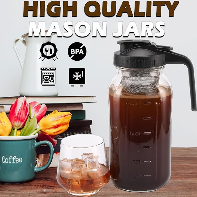 TECHSHARE Cold Brew Coffee Maker Jar 64oz – Heavy Duty Mason Pitcher with Stainless Steel Filter, Wide Mouth Spout Lid & Handle for Iced Coffee, Tea, Lemonade, and Fresh Fruit Drinks