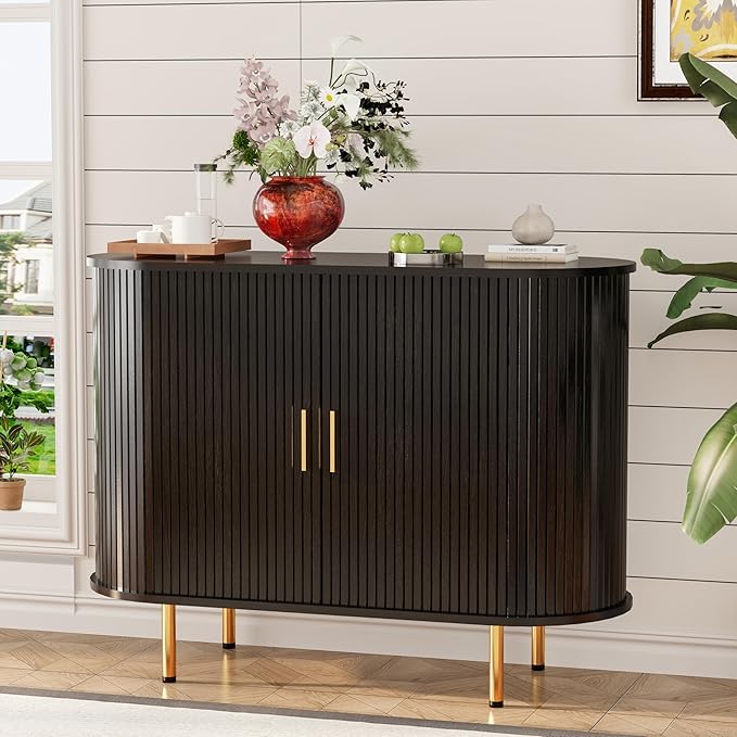DHH Sideboard Buffet Cabinet with Storage,Mid Century Modern Fluted Accent Coffee Bar Console Table,Tambour Sliding Doors& Adjustable Shelf for Kitchen, Living Room, Entryway (Black, 40 Inch)