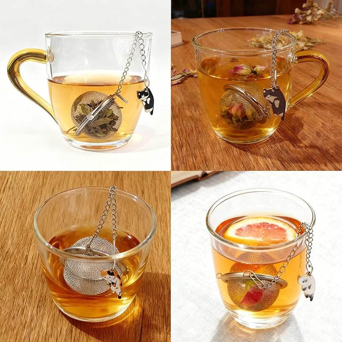 Cat Tea Infuser Set, 4-Pack Stainless Steel Loose Leaf Tea Balls with Cute Alloy Cat Charm Pendant, Reusable Strainer for Cold Brew, Gift for Tea Lovers (Black & Gray & White & Calico)