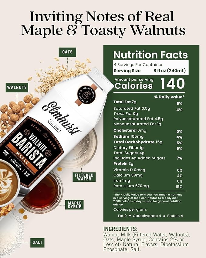 Elmhurst 1925 Maple Walnut Milk Barista Edition – 32 Ounce (Pack of 6) Plant-Based, Extra Creamy, Vegan, Dairy-Free, Non-GMO, Kosher, Sweetened with Real Maple Syrup for Flavorful Lattes & Iced Drinks