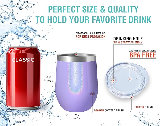 CHILLOUT LIFE 12 oz Stainless Steel Wine Tumbler with Lid - Double Wall Vacuum Insulated Wine Cup Glass Keeping Cold & Hot for Coffee, Champagne, Cocktails, Ice Cream - Purple Sparkle