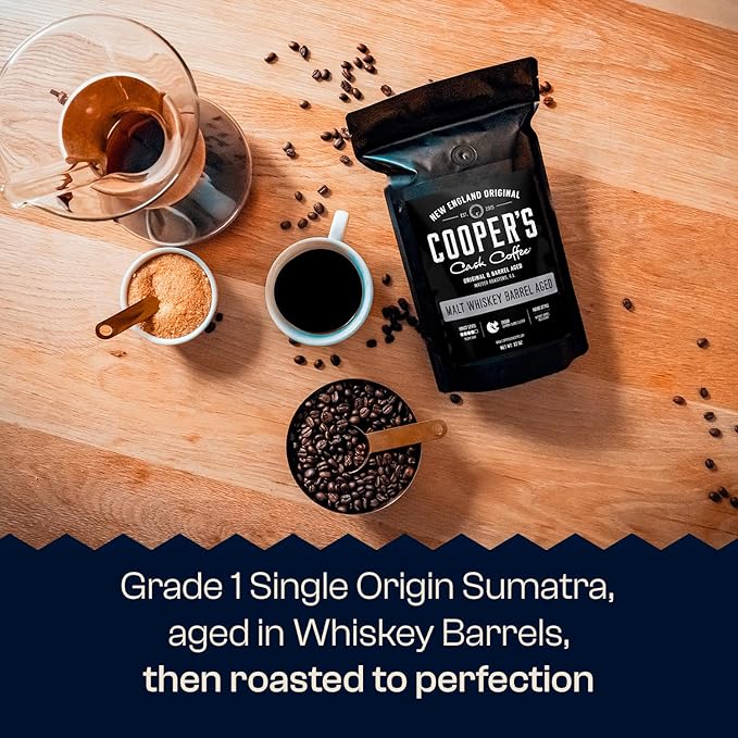 Malt Whiskey Barrel Aged Coffee, Single-Origin Sumatra Beans Aged in American Malt Whiskey Barrels, Medium Dark Roast Whole Bean, 2 lb