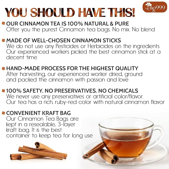 TOG999 Cinnamon Tea, 35 Tea Bags, Pure Ceylon Cinnamon, Natural & Vegan, Caffeine Free, Gluten Free, Herbal Tea