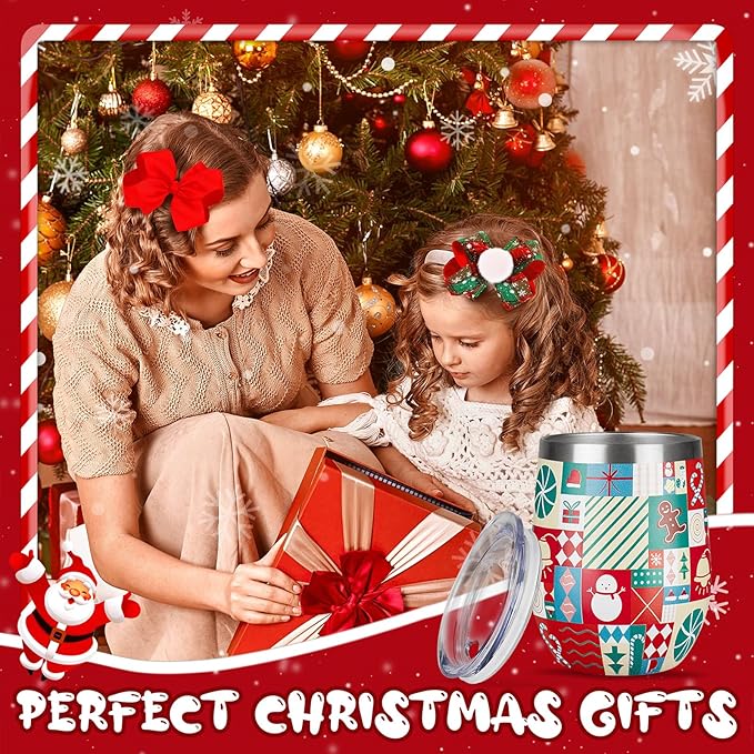 Christmas Wine Tumbler 12 oz Christmas Stainless Steel Wine Glass with Lid and Straw Stemless Double Wall Insulated Wine Cups Keeping Cold & Hot for Holiday Xmas Wedding Party Gifts (puzzle)