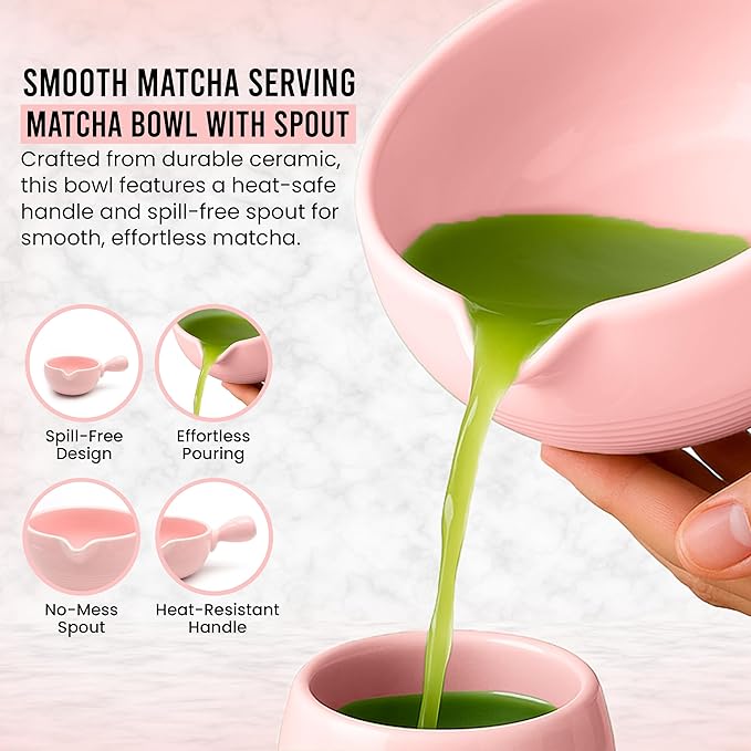 HAPPY PATH & CO Matcha Whisk Set | 6 Pcs Matcha Tea Set Includes Bamboo Whisk(Chasen) with Holder & Bowl with Spout, Sifter, Scoop & Stand - Perfect Matcha Kit Set for Matcha Lovers (Pink Blossom)
