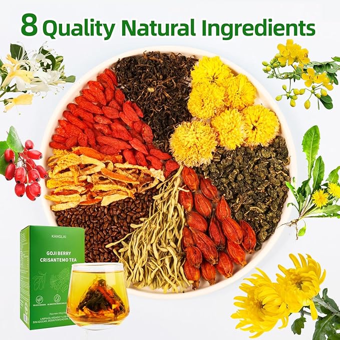 Chrysanthemum Goji Berry Liver Support Tea, Authentic Chinese Herbal Ingredients (Dandelion/Cassia Seed/Gardenia), Tea Bags, Vegan, Sugar-Free & Caffeine-Free,15 Count