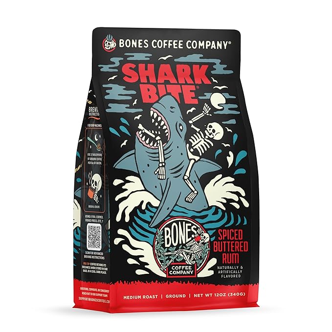 Bones Coffee Company Shark Bite, Buttered Rum Flavored Coffee, Medium Roast Low Acid Arabica Beans Compatible with Auto drip and French Press Coffee Maker, 12 Oz Ground