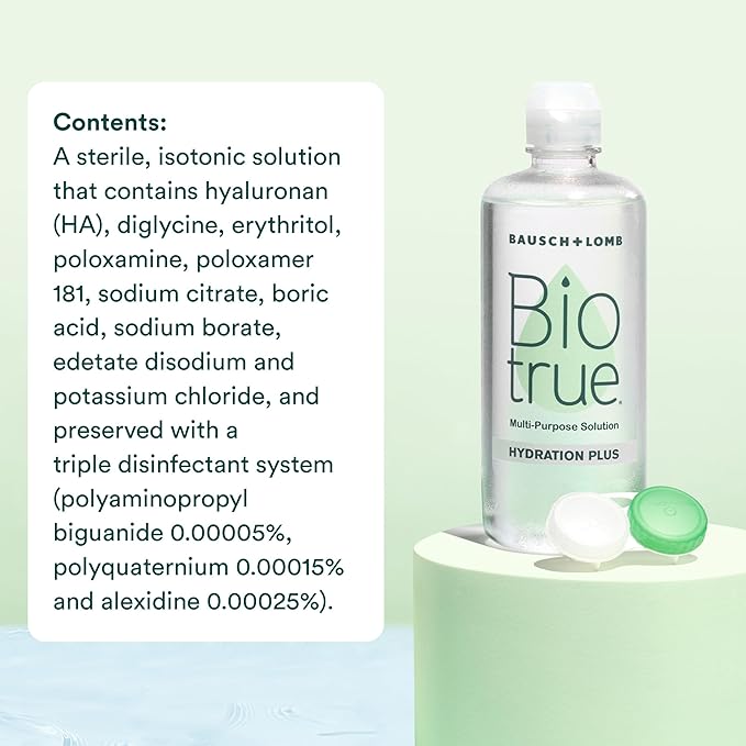 Biotrue Hydration Plus Contact Lens Solution with Lens Case, Multi-Purpose Solution for Soft Lenses, Hydrates with Hyaluronan, Cleans, Clears, and Disinfects for All-Day Comfort, 10 Fl Oz (Pack of 2)