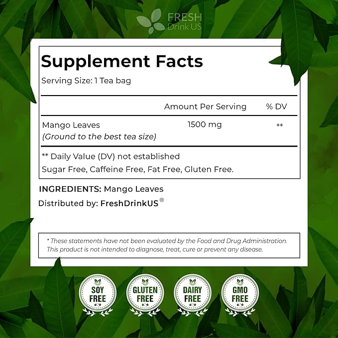 FreshDrinkUS, Premium 60 Mango Leaf Tea Bags, 100% Natural & Pure from Mango Leaves. Loose Leaf Herbal Tea. No Sugar, No Caffeine, No Gluten, Vegan.