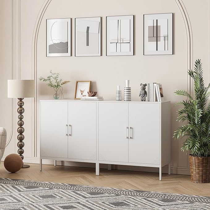 Metal Storage Cabinet with Adjustable Shelves, Steel Buffet Sideboard for Entryway, Living Room, Dining Room, Kitchen, Office, Bar (White, 31.5" D x 15.75" W x 35.43" H)